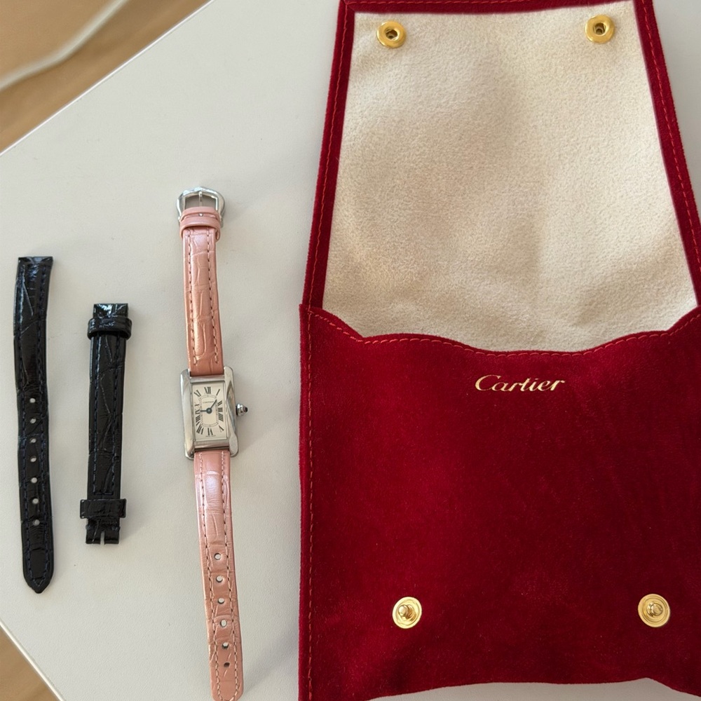 Pink Leather Strap Rectangular Silver-Tone Watch - image 5